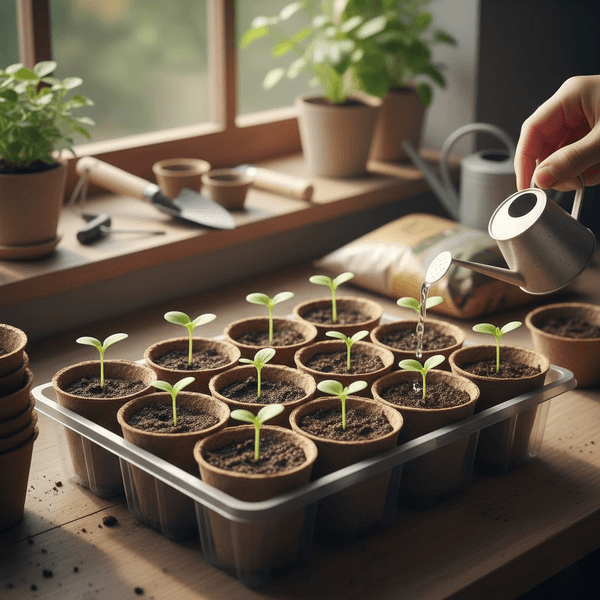 An individual watering plant seedlings