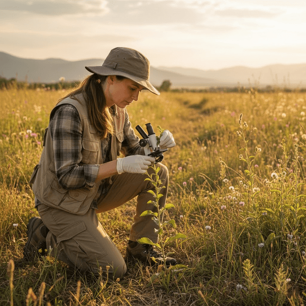 An individual examining a tall plant in a field