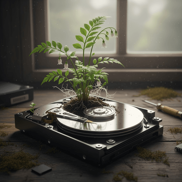 A plant growing out of a hard drive